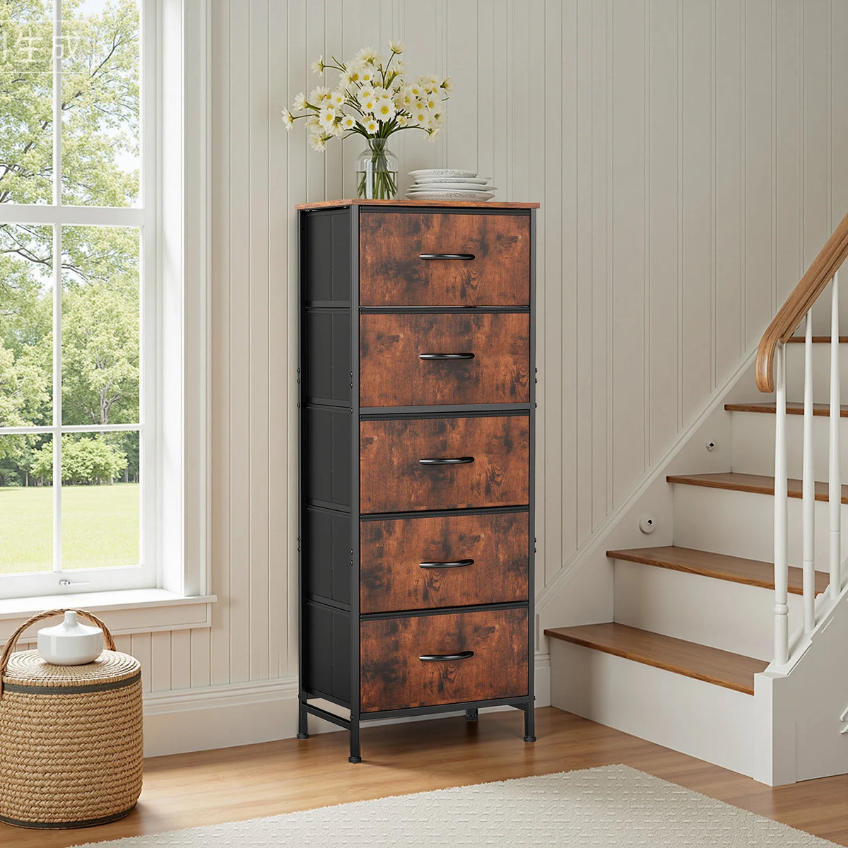 5-Drawer Fabric Tall Dresser with Steel Frame and Wooden Top