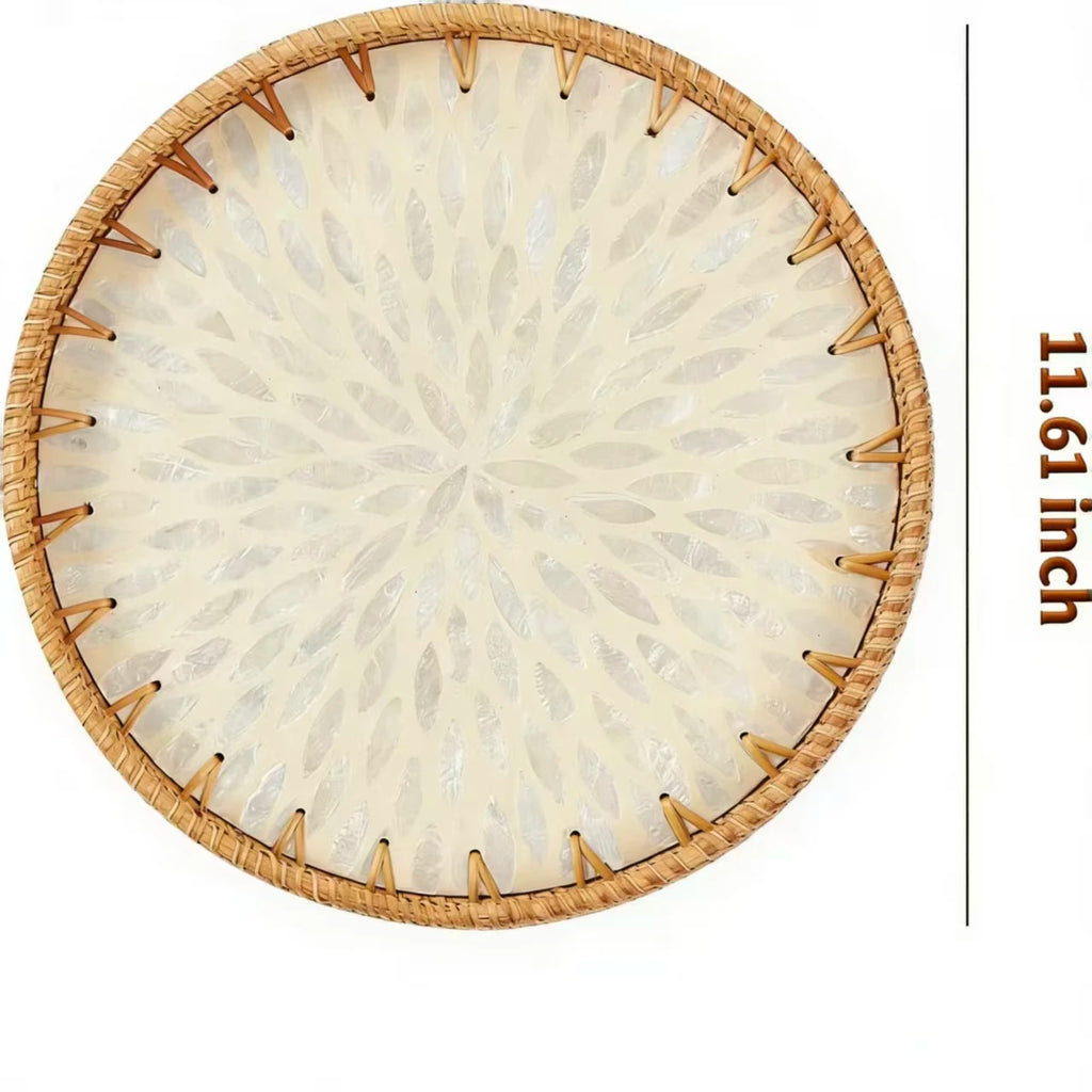 Nordic Round Rattan Inlay Fruit Plate Storage Tray Home Decor