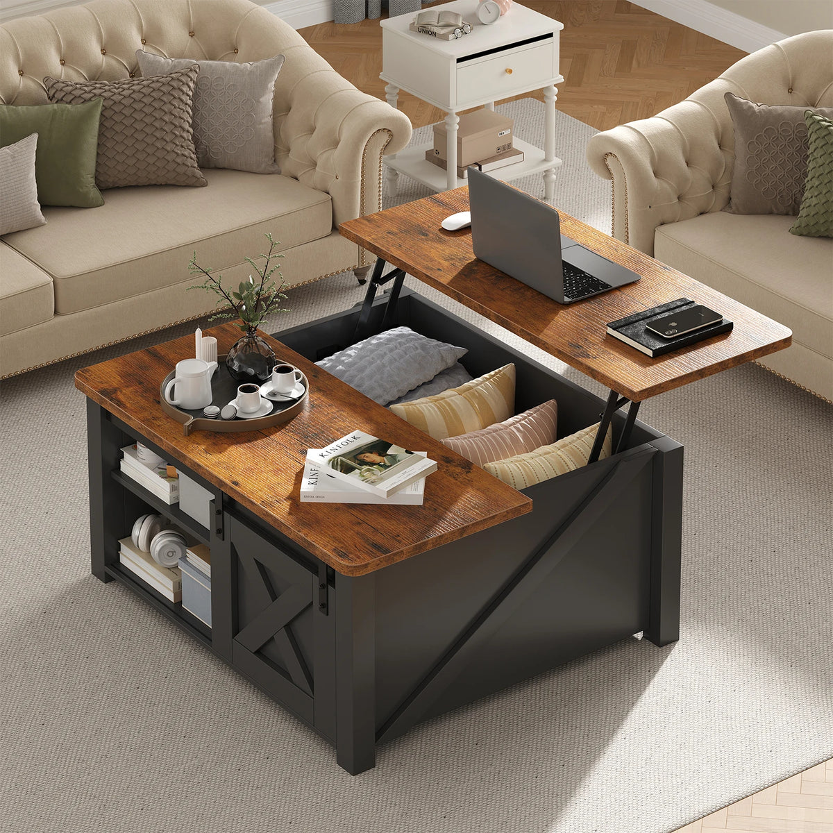 31.5 in Wood Lift Top Coffee Table Square Living Room Adjustable Storage Shelf