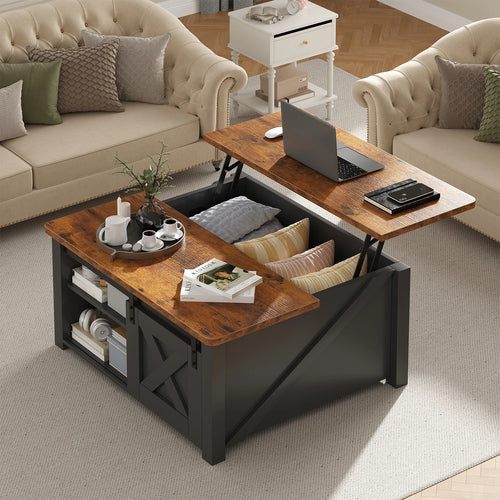 31.5 in Wood Lift Top Coffee Table Square Living Room Adjustable Storage Shelf