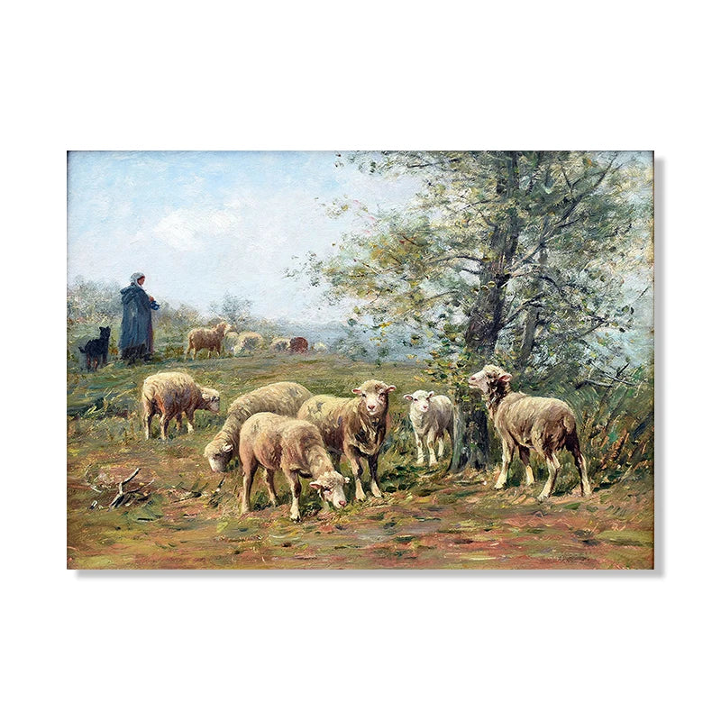 Vintage Sheep Landscape Canvas Painting Poster for Home Decor