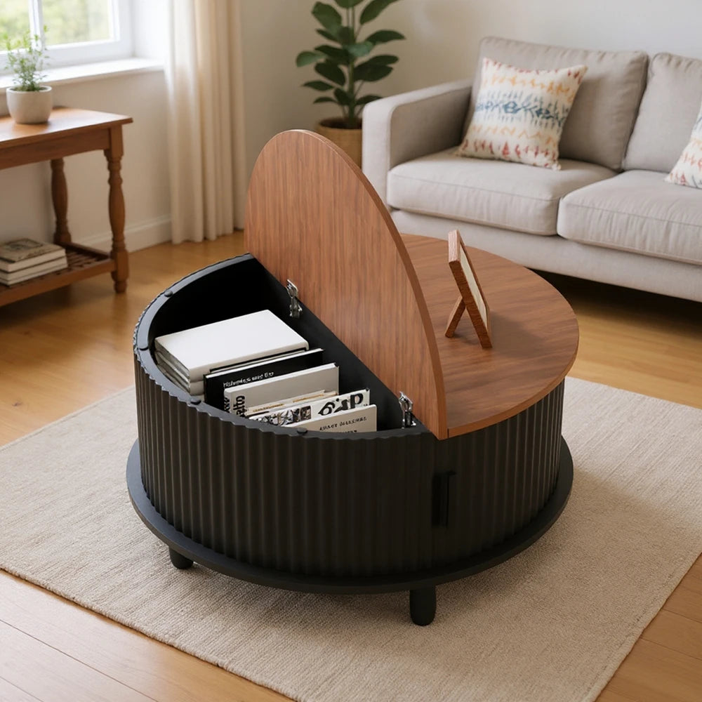 80cm Modern Round Wooden Coffee Table with Curved Sliding Door Storage