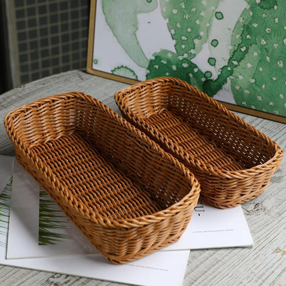 Vintage Rectangle Plastic Imitation Rattan Basket Tabletop Ornament for Home Decor