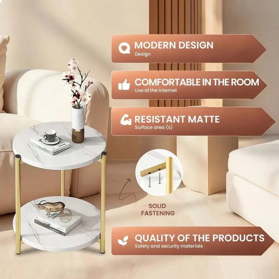 56cm Modern White 2-Tier Round Side Table with Wooden Frame