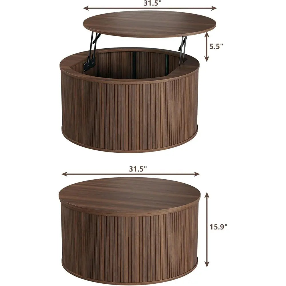 80cm Modern Round Lift-Top Coffee Table Rustic Wood Walnut with Storage