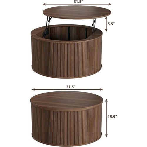 80cm Modern Round Lift-Top Coffee Table Rustic Wood Walnut with Storage