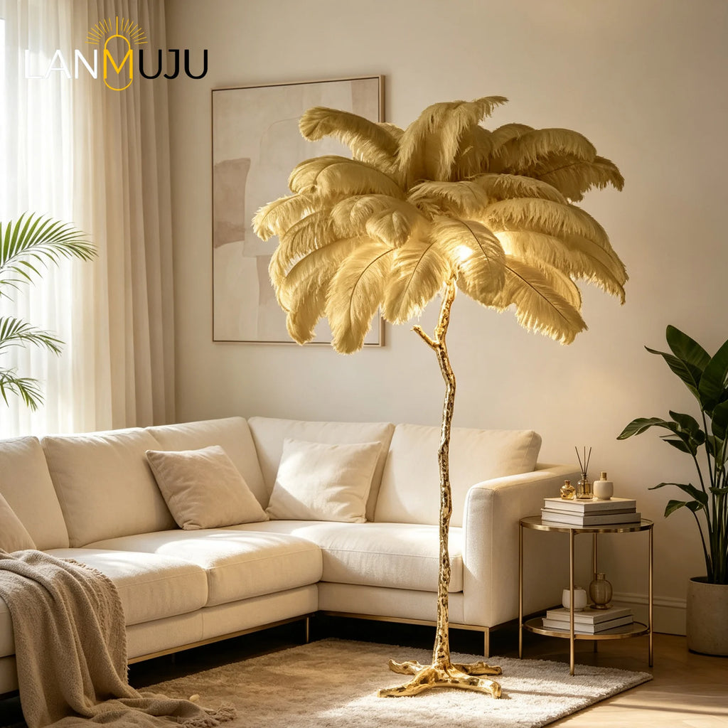 Modern Ostrich Feather LED Floor Lamp Resin Base Living Room Bedroom