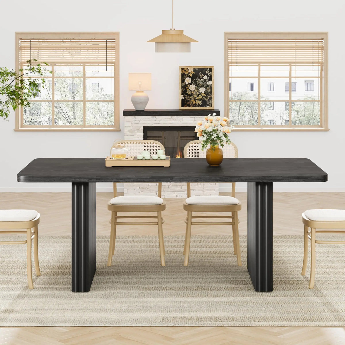 Modern Rectangular Dining Table with Wooden Top and Fluted Metal Legs