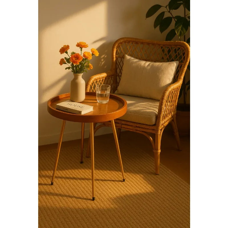 Round Natural Oak Coffee Table with Golden Metal Frame Side End Table