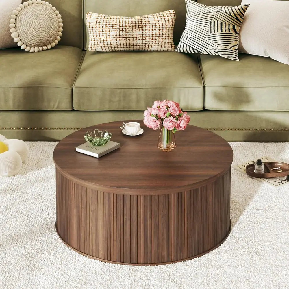 80cm Modern Round Lift-Top Coffee Table Rustic Wood Walnut with Storage