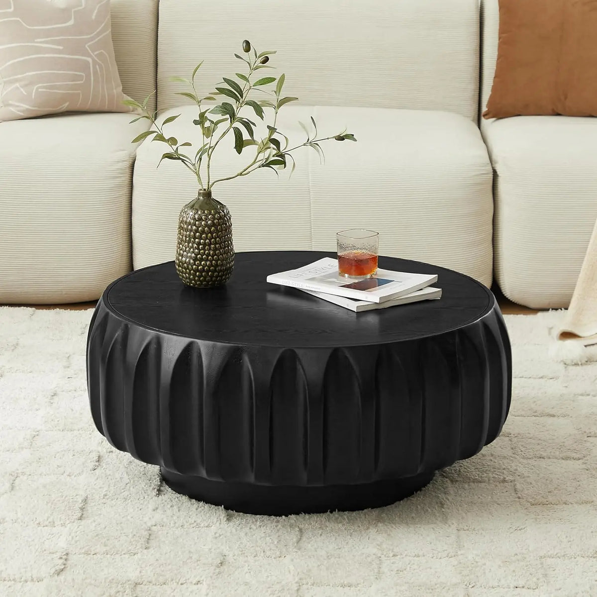 80 cm Modern Round Coffee Table with Sintered Stone Top Wood Veneer Tiered Base Living Room Furniture