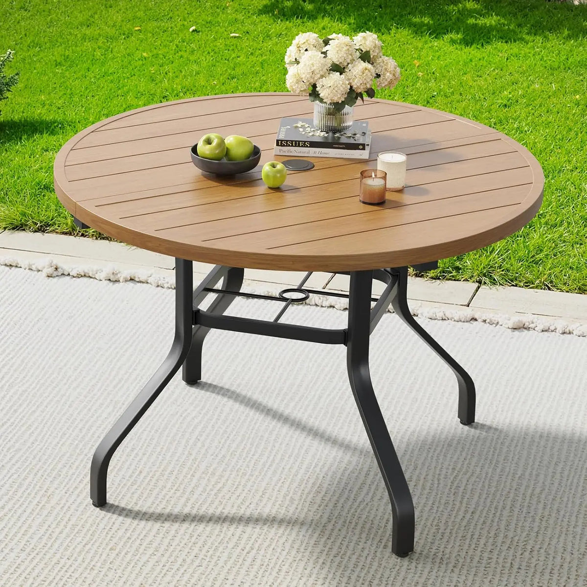 41 in Round Metal Patio Dining Table with Umbrella Hole Black