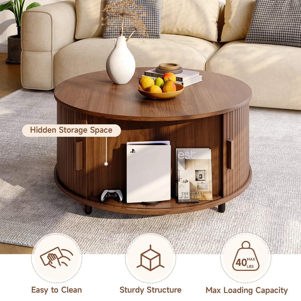Round Coffee Table with Storage 80x80x40 cm Walnut