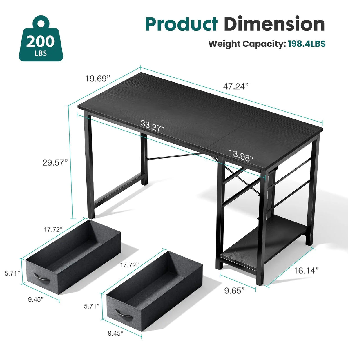 120 cm Computer Desk with 2 Drawers Study Office Gaming Table Adjustable Position Modern Work Table