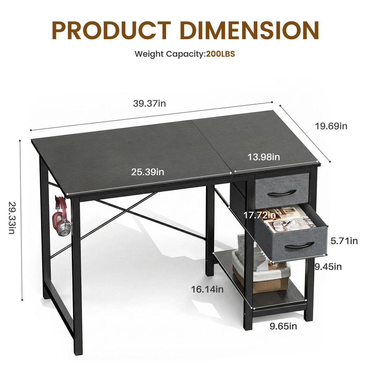 40 Inch Standing Office Desk with Drawers and Side Hook Ergonomic Gaming Desk with Storage X-Frame Stability for Home Office Small Space