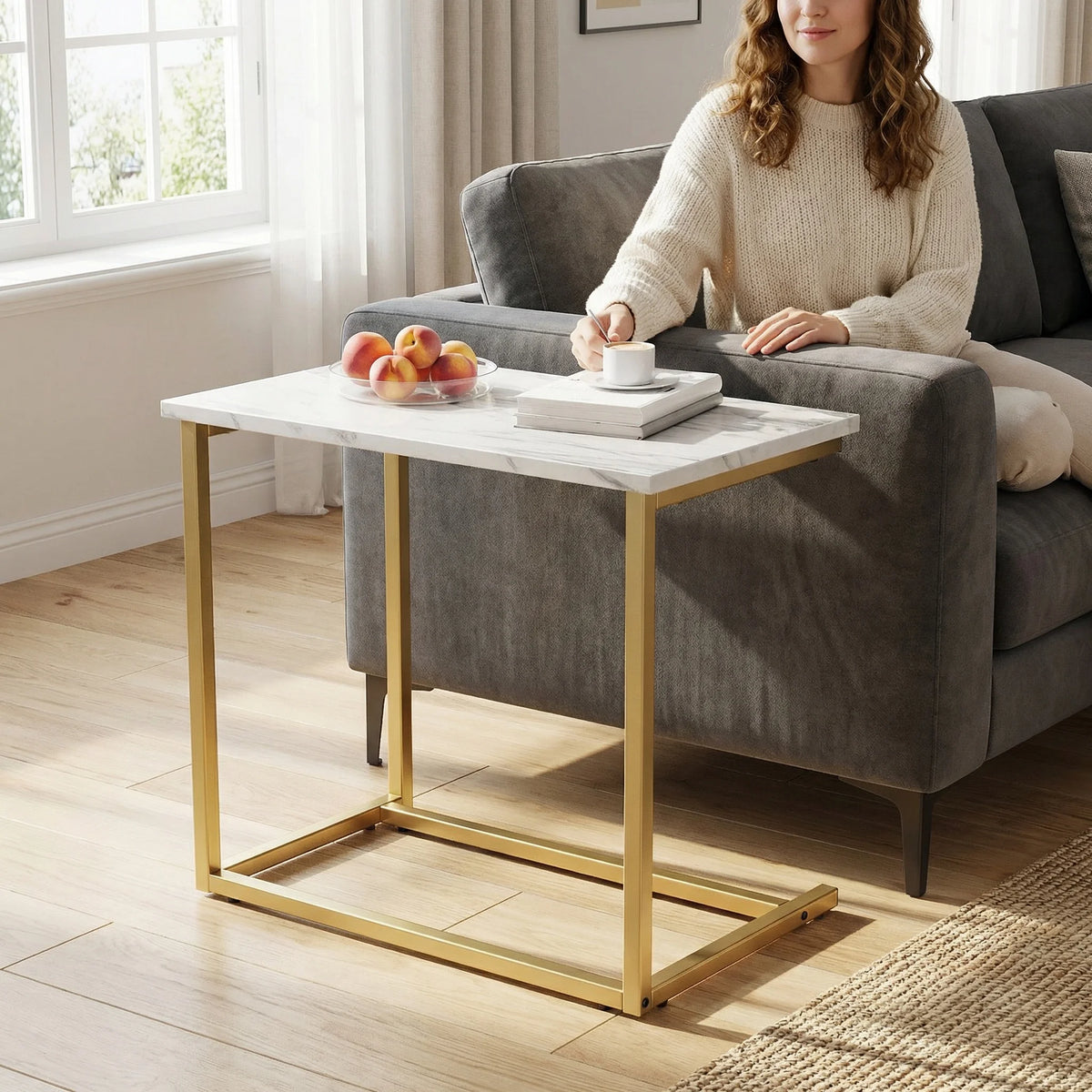 C-Shaped Metal Frame Wooden Side Table 68.6 cm High