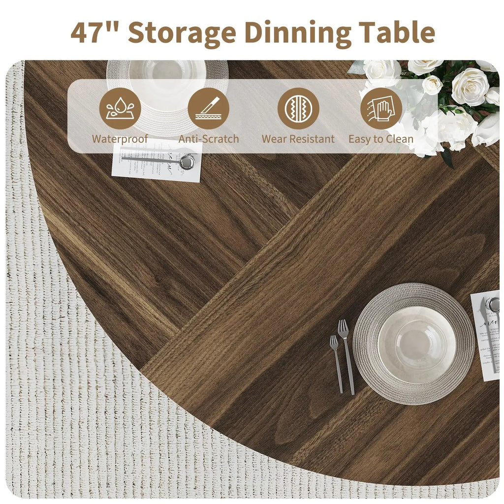 Farmhouse Round Dining Table with Pedestal Base and 2-Tier Storage
