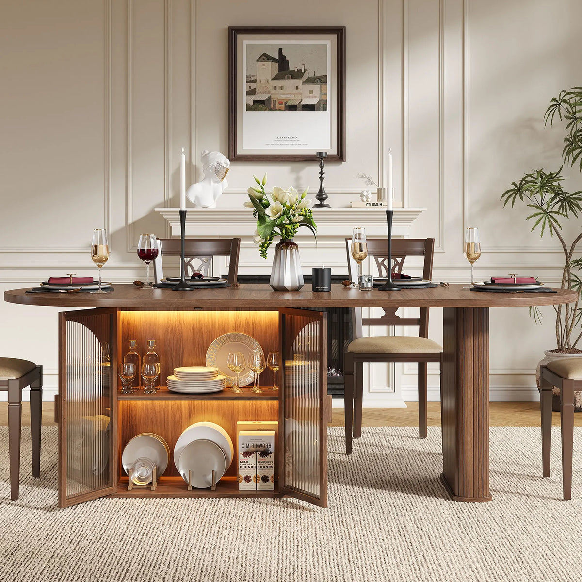 177.8cm Oval Dining Table for 6 to 8 People with Storage LED Light