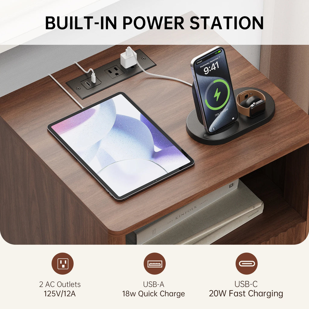 45cm Modern Fluted Bedside Table Wooden Nightstand with Charging Station