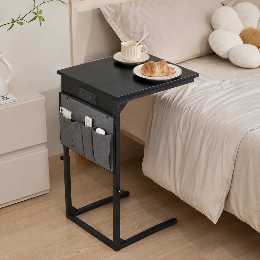 Adjustable Height C-Shaped End Table with Charging Station Slide Under Sofa TV Tray
