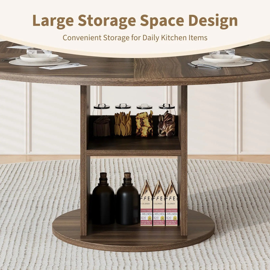 Farmhouse Round Dining Table with Pedestal Base and 2-Tier Storage