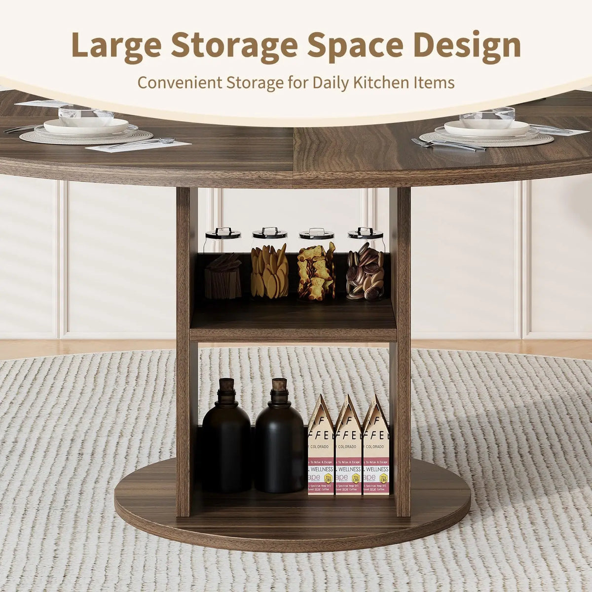 Farmhouse Round Dining Table with Pedestal Base and 2-Tier Storage