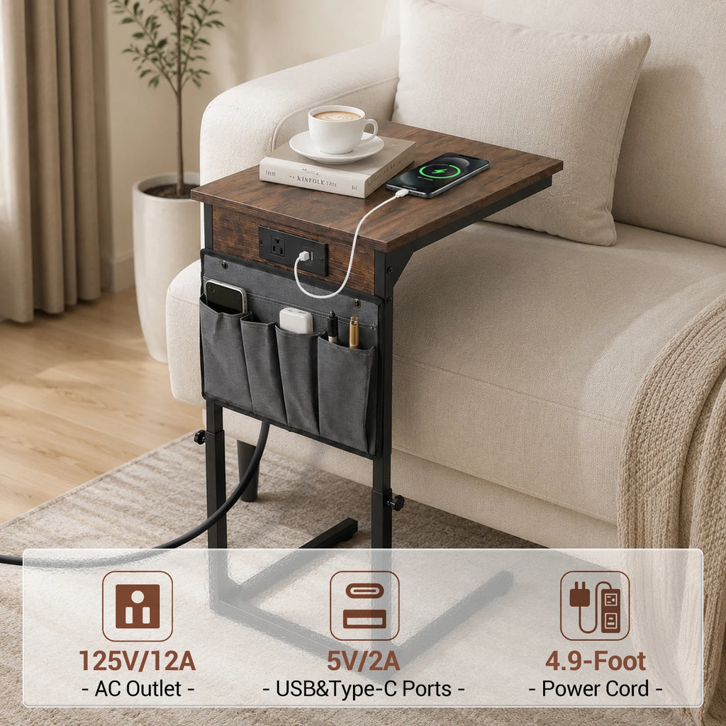 Adjustable Height C-Shaped End Table with Charging Station Slide Under Sofa TV Tray