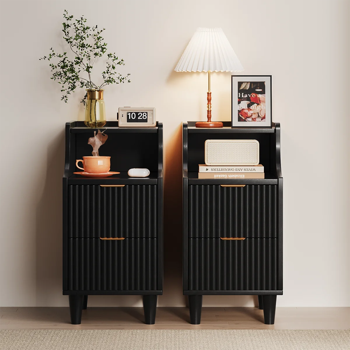 Set of 2 Narrow Nightstand with 2 Drawers and Open Shelf Bedside Table