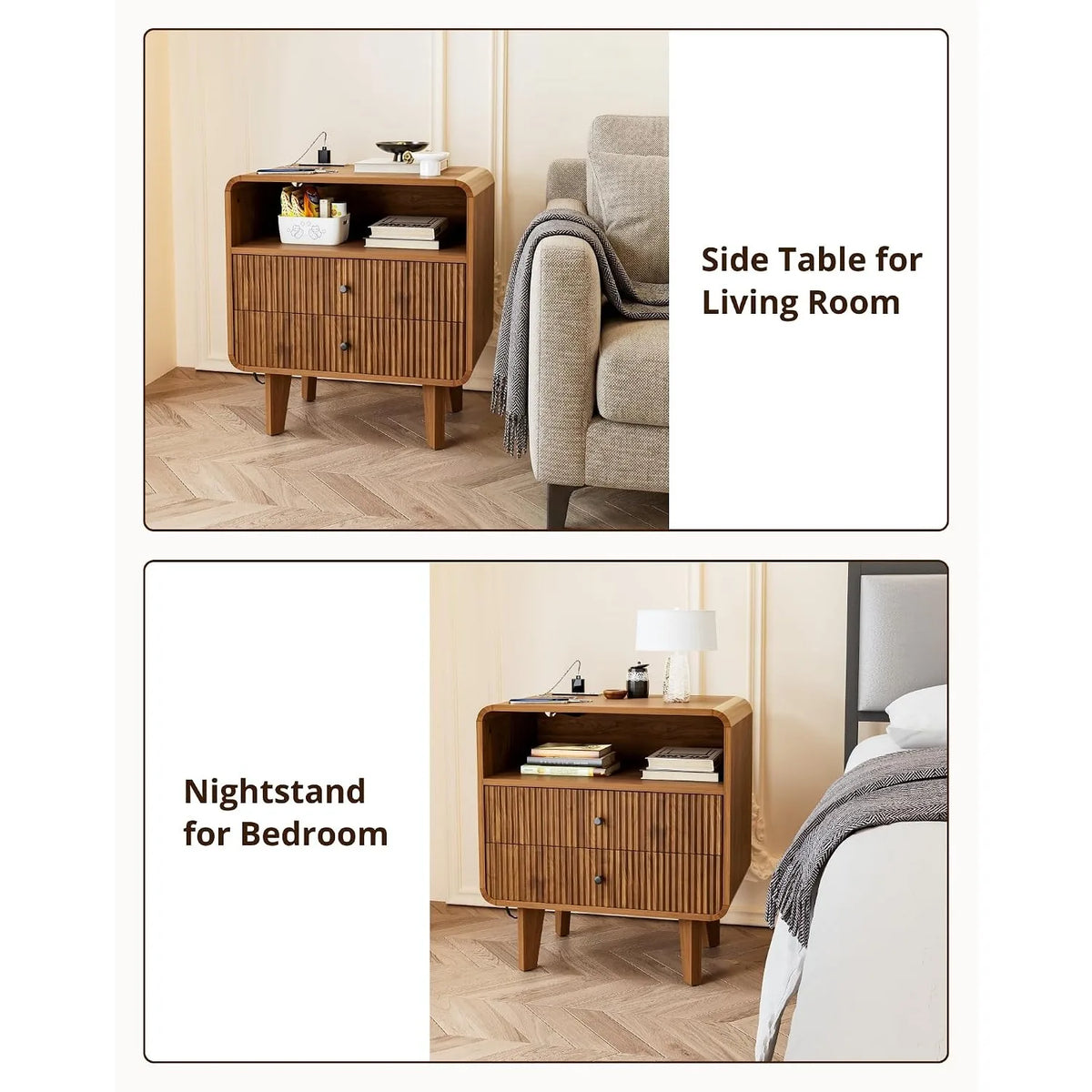Modern Wooden Nightstand with 2 Drawers Charging Station Bedside Table Walnut