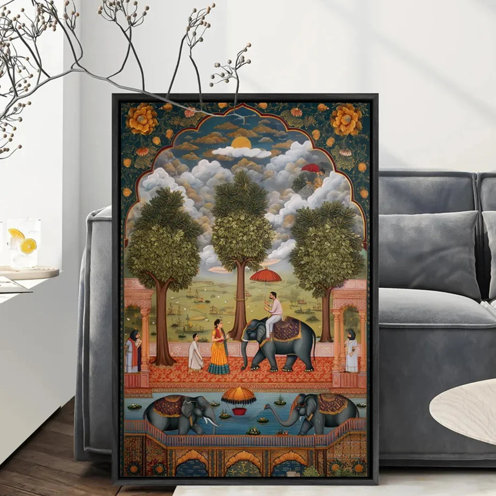 Vintage Indian Mughal Elephant Scene Canvas Painting Poster for Home Decor