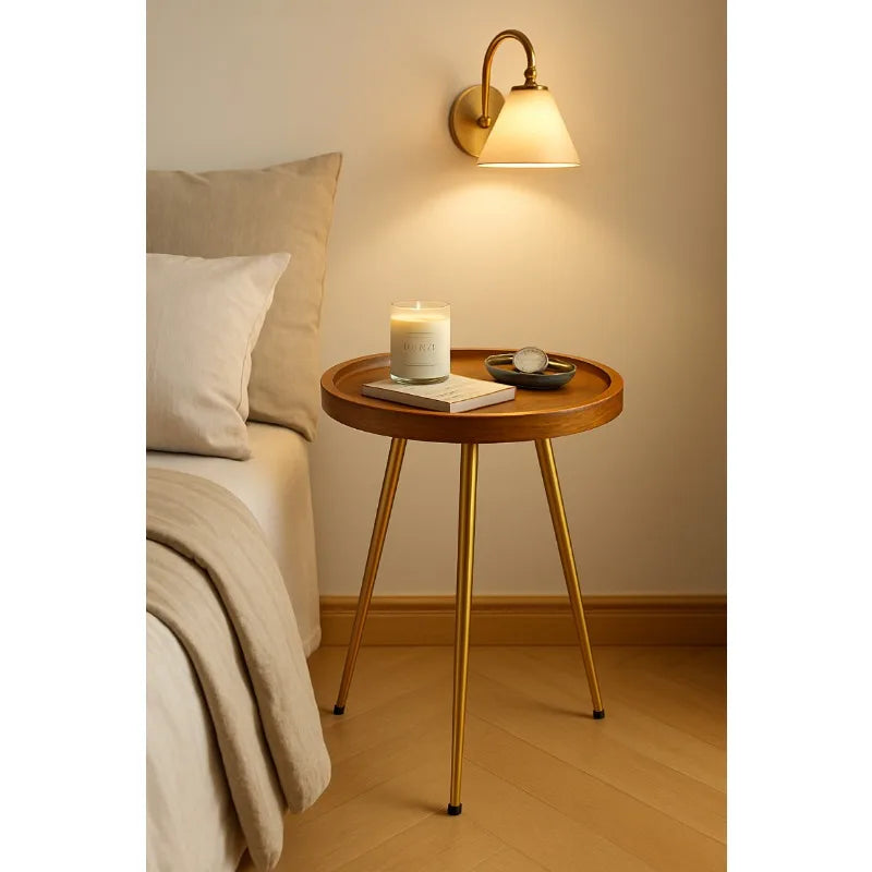 Round Natural Oak Coffee Table with Golden Metal Frame Side End Table