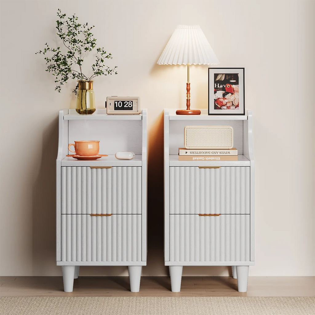 Set of 2 Narrow Nightstand with 2 Drawers and Open Shelf Bedside Table