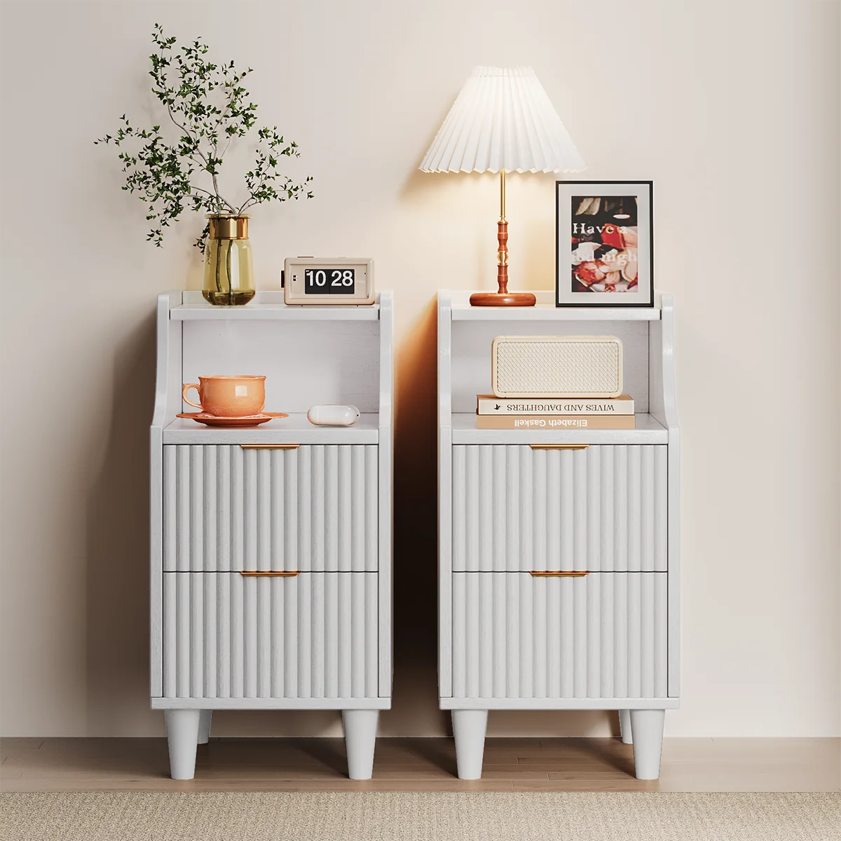 Set of 2 Narrow Nightstand with 2 Drawers and Open Shelf Bedside Table