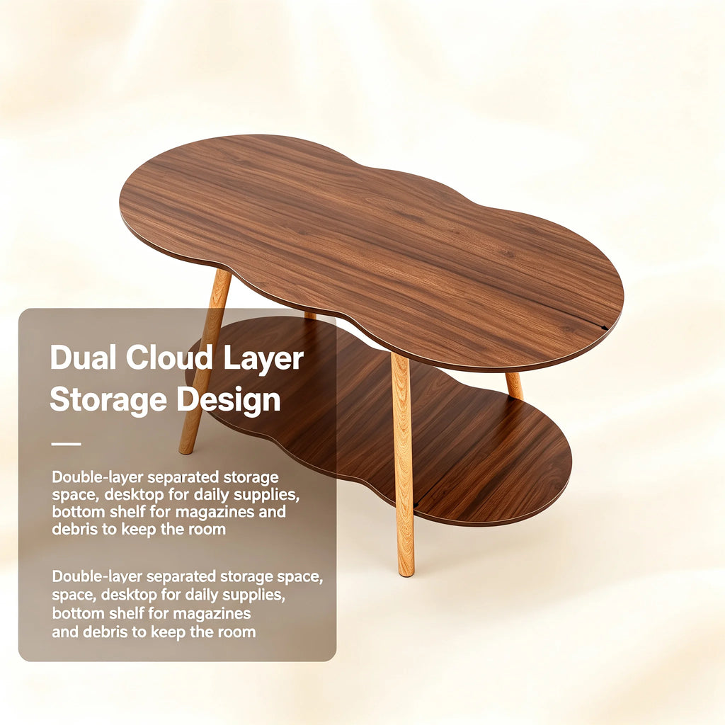 2-Tier Modern Coffee Table with Cloud-Shaped Tabletop and Bottom Shelf, 30 kg Capacity, Sturdy Density Board for Living Room Office, Black Walnut