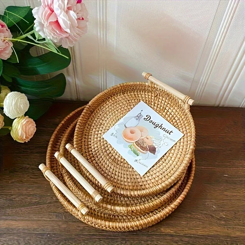 Handmade Woven Rattan Serving Tray Heat-Resistant Tabletop Storage Basket