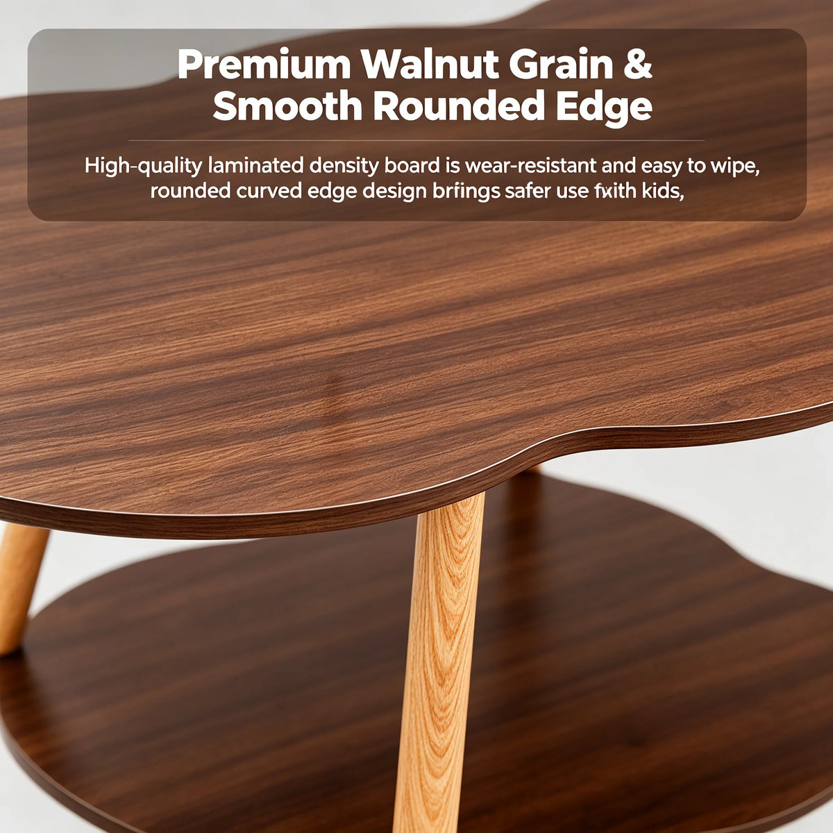 2-Tier Modern Coffee Table with Cloud-Shaped Tabletop and Bottom Shelf, 30 kg Capacity, Sturdy Density Board for Living Room Office, Black Walnut