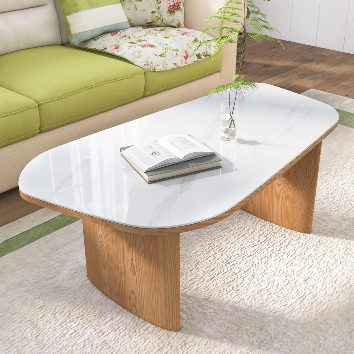 Luxury Marble Coffee Table with Sintered Stone Top and Wood-Look Base