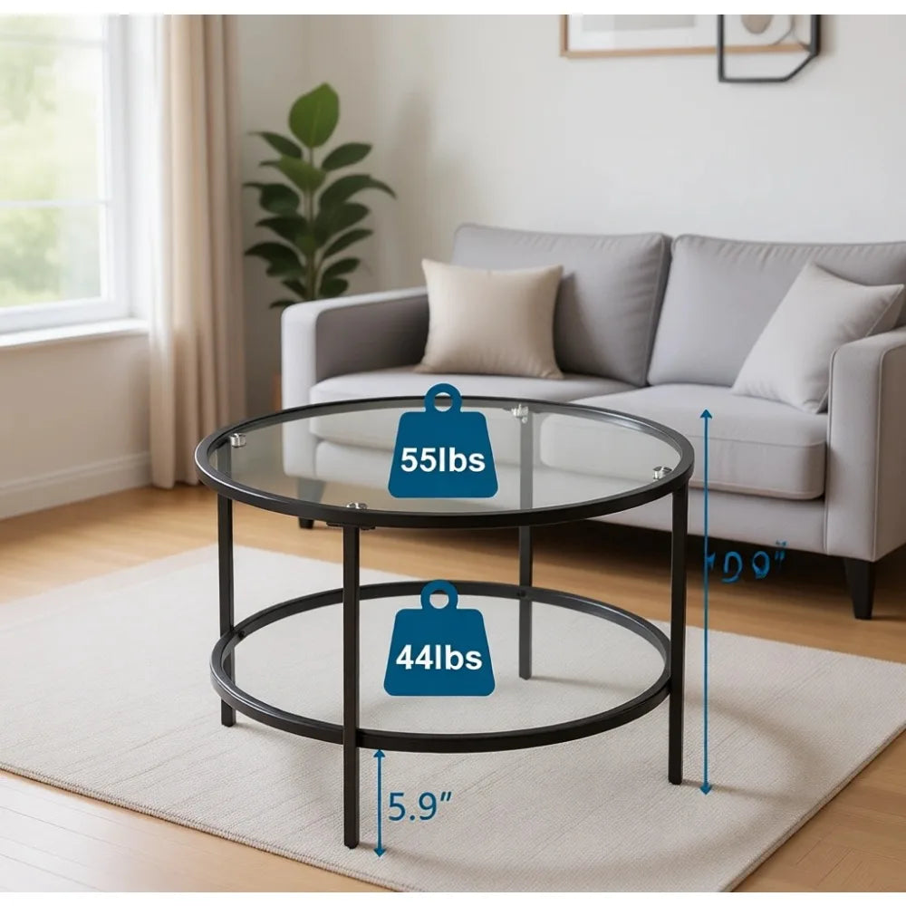 65cm Modern Round Glass Coffee Table 2-Tier Living Room Storage Table Black