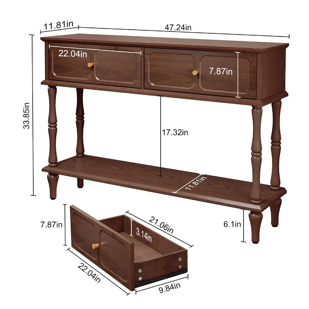 Narrow Mid-Century Wooden Console Table with Drawers and Storage