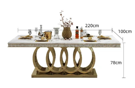 160cm Modern Dining Table Set with 6 Chairs Gold Metal Base Marble Top