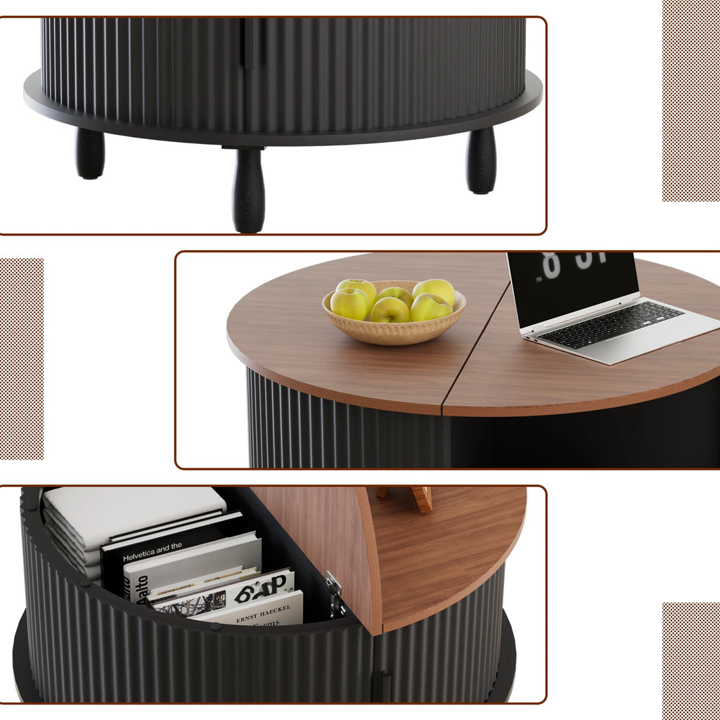 80cm Modern Round Wooden Coffee Table with Curved Sliding Door Storage