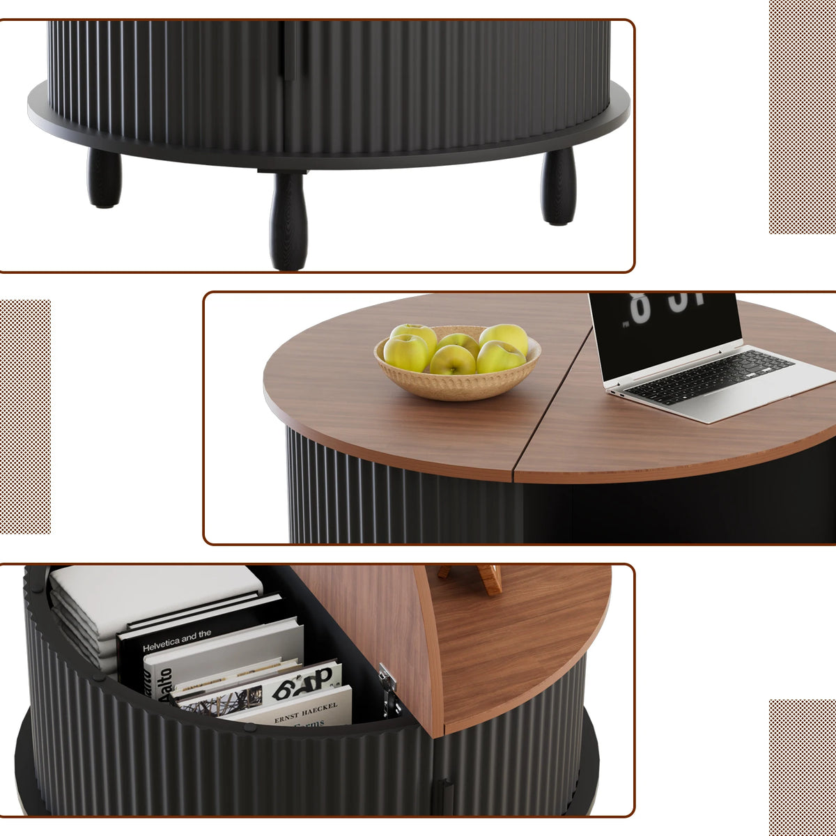 80cm Modern Round Wooden Coffee Table with Curved Sliding Door Storage