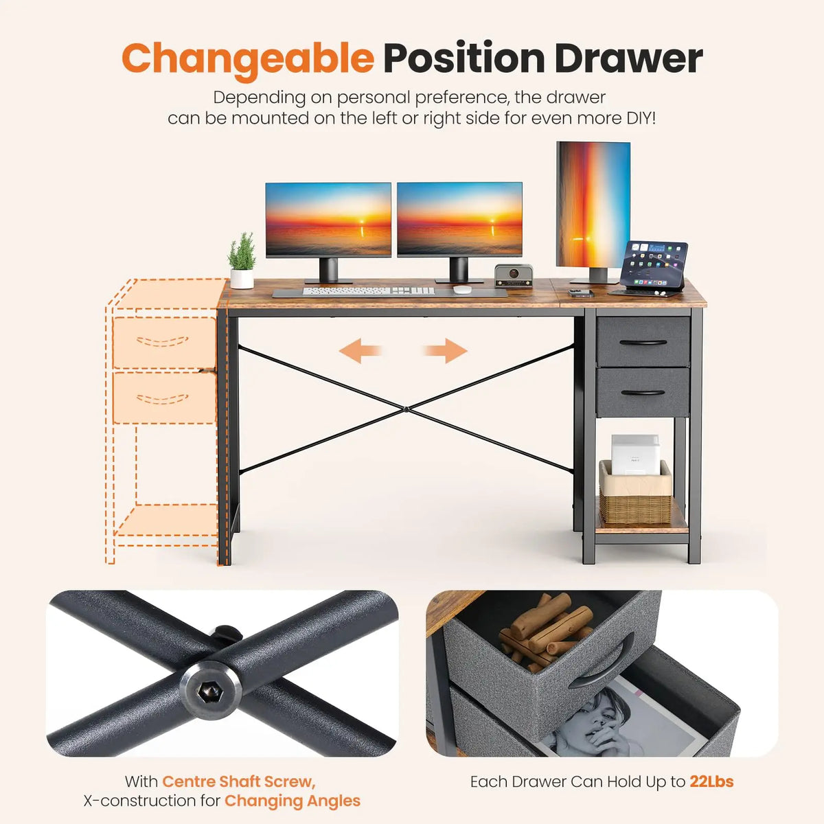 120 cm Computer Desk with 2 Drawers Study Office Gaming Table Adjustable Position Modern Work Table
