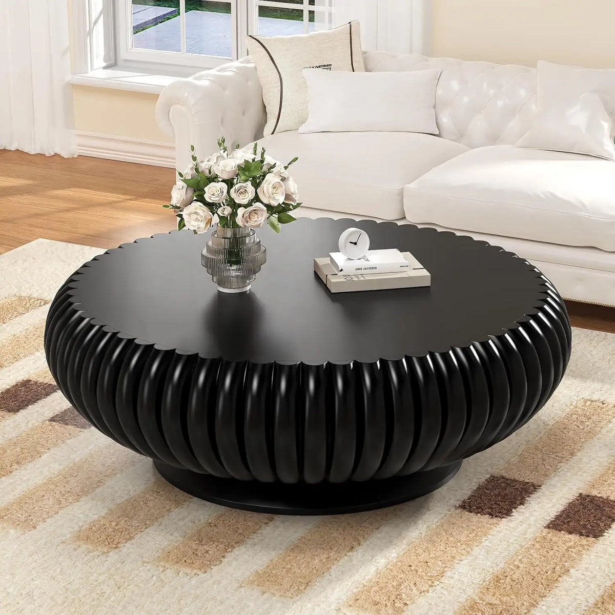 35.4 in Walnut Round Fluted Coffee Table with Drum Base