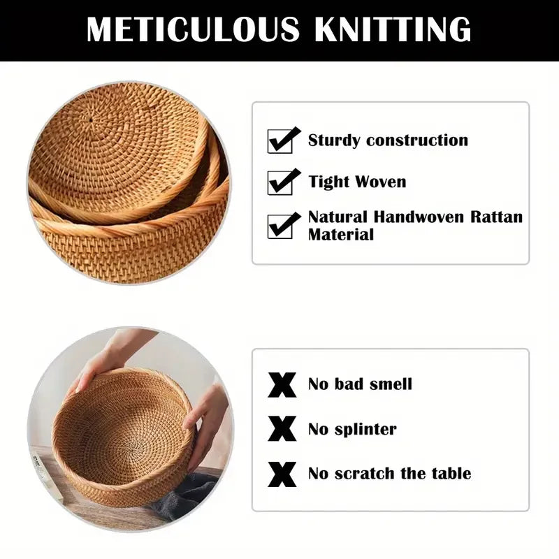 Round Hand-Woven Rattan Storage Basket Natural Wicker Desktop Organizer Box