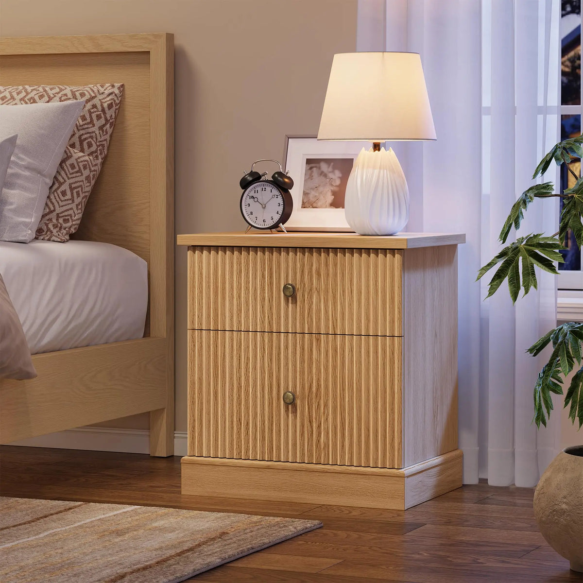 Mid Century Fluted Nightstand with 2 Storage Drawers Bedside Table Natural