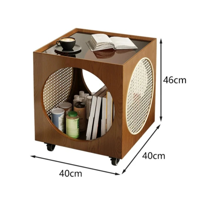 Round Rattan Glass Top Storage Coffee Table for Living Room