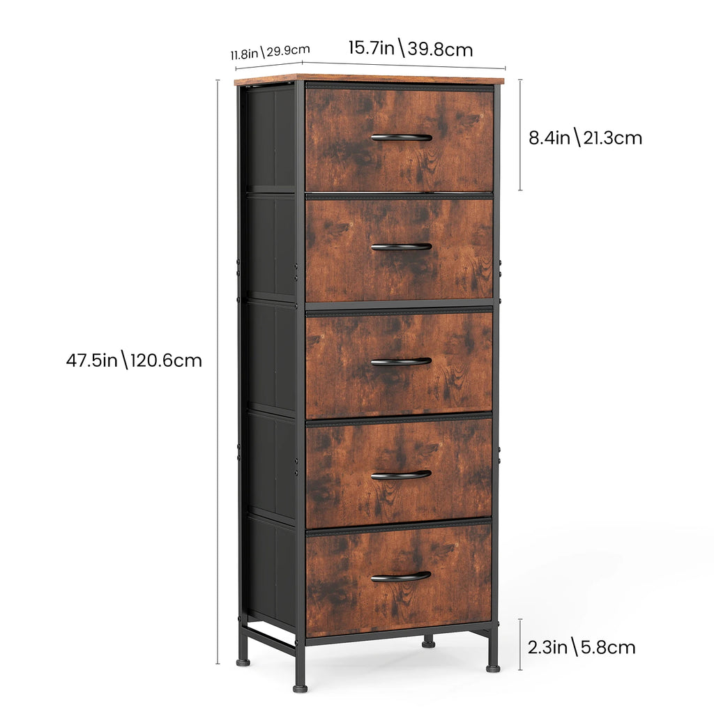 5-Drawer Fabric Tall Dresser with Steel Frame and Wooden Top