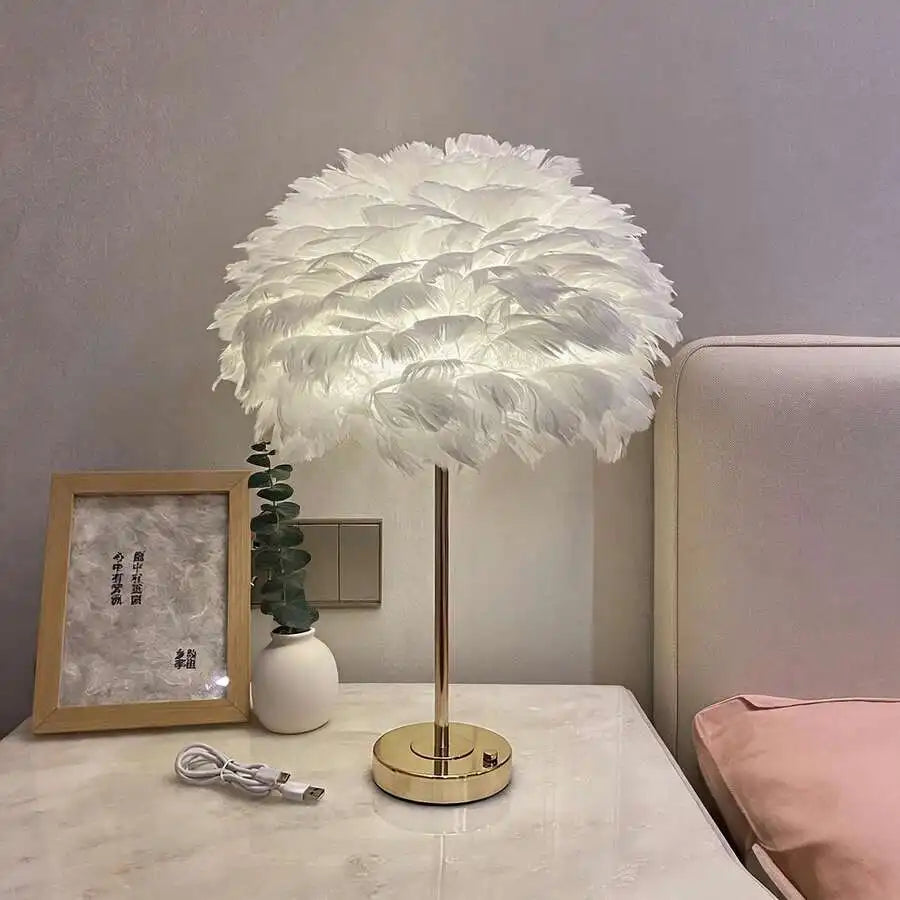Modern Nordic Rechargeable Feather Table Lamp Blue for Bedroom Living Room