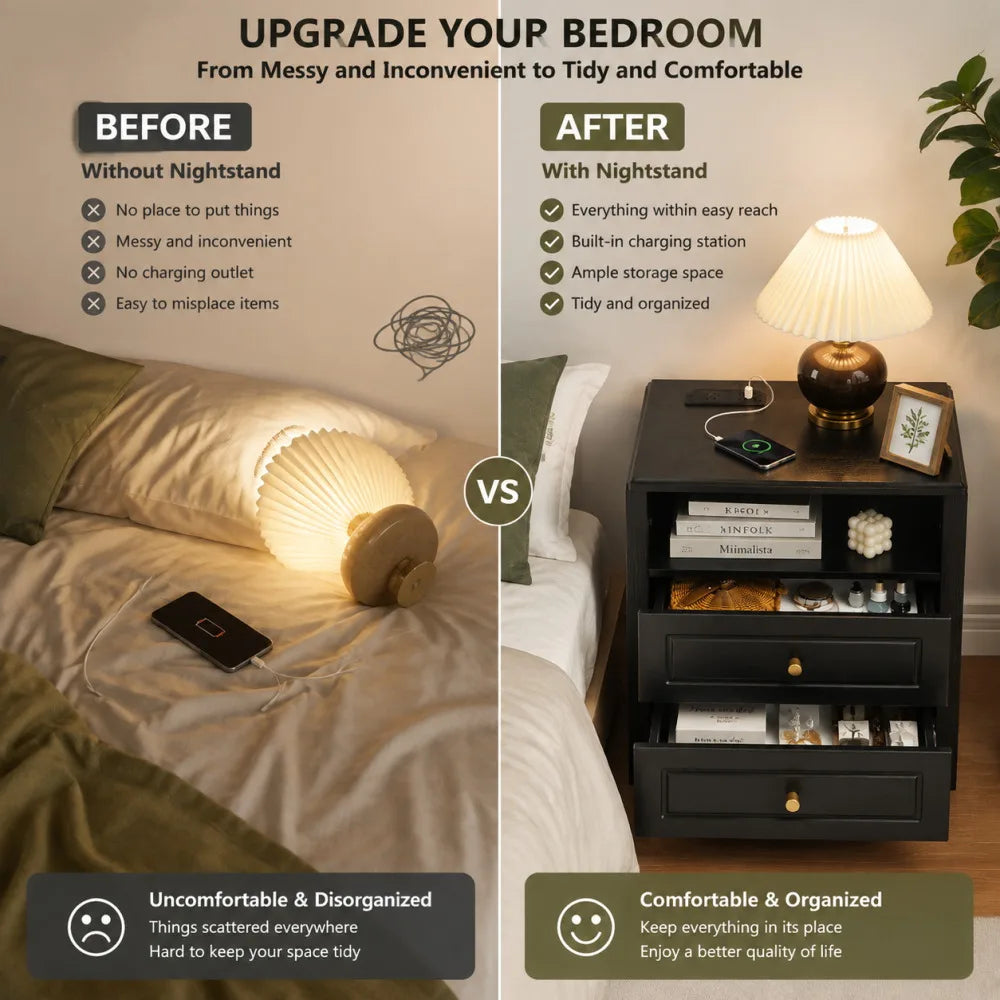 Modern Nightstand with Charging Station 2 Drawers and Open Shelf Bedside Table